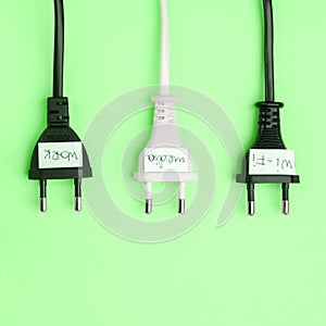 Trendy flat lay minimal concept, unplugged cord with word work, media, wi-fi