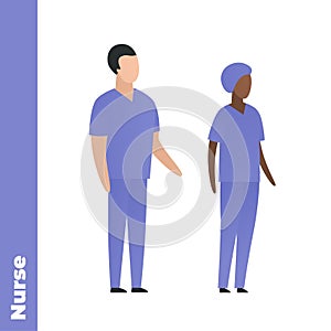 Trendy flat medical character vector cartoon illustration. Set of male and female black and white nurse team. Blue nursery uniform