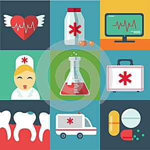 Trendy flat medical icons with shadow. Vector