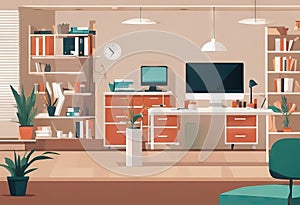 Trendy flat with office area. furniture. Vector design. Room interior. stock illustrationOffice, Backgrounds, Vector, Table,