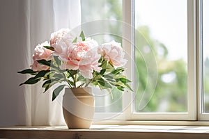 Trendy floral background, vase with bouquet of peonies , of the window, AI generated