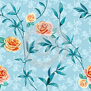 Trendy floral background with yellow, orange roses flowers in style watercolor on light blue