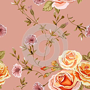 Trendy floral background with yellow, orange roses flowers and twigs with leaves in style watercolor