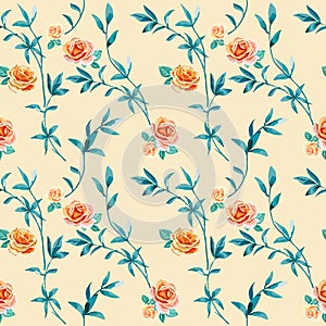 Trendy floral background with yellow, orange roses flowers and twigs with leaves in style watercolor