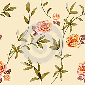 Trendy floral background with yellow, orange roses flowers and twigs with leaves in style watercolor