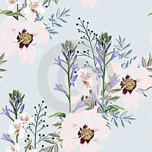 Trendy Floral pattern with the many kind of flowers. Tropical botanical Motives. Seamless vector texture.