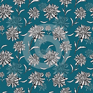 Trendy floral seamless pattern with Chrysanthemum on teal green-bluish background.