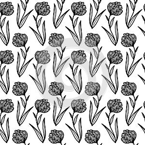 Trendy floral seamless pattern. Hand-drawn contour black lines of fantastic flowers on a white background. Vector sketch
