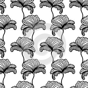 Trendy floral seamless pattern. Hand-drawn contour black lines of fantastic flowers on a white background. Vector sketch