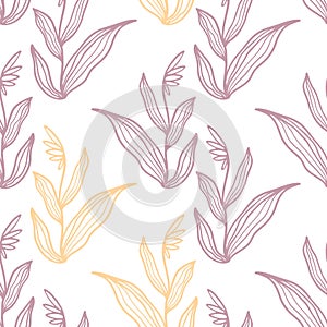 Trendy floral seamless pattern. Hand-drawn contour lines of fantastic flowers in magenta and yellow. Vector sketch