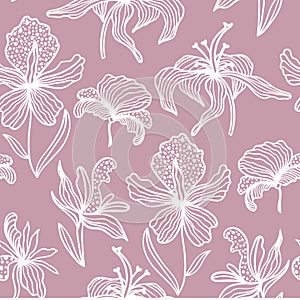 Trendy floral seamless pattern. Hand drawn contour lines of fantastic plants and flowers in magenta. Vector