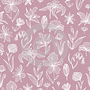 Trendy floral seamless pattern. Hand drawn contour lines of fantastic plants and flowers in magenta. Vector