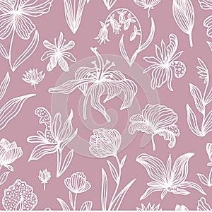 Trendy floral seamless pattern. Hand drawn contour lines of fantastic plants and flowers in magenta. Vector