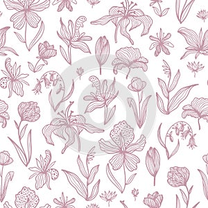 Trendy floral seamless pattern. Hand drawn contour lines of fantastic plants and flowers in magenta. Vector