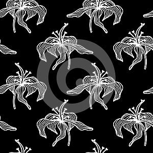 Trendy floral seamless pattern. Hand-drawn contour white lines of fantastic flowers on a black background. Vector sketch