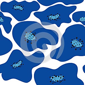 Trendy floral seamless pattern inspired by Matisse, blue and red poppies, black and white floral pattern