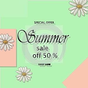 Trendy floral vector template. Summer flowers and Summer sale lettering illustration. Tropical leaves and exotic flowers