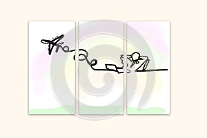 Trendy frame set abstract creative minimalist artistic hand drawn and water color painted an office worker man has daydream of goi