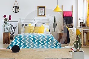 Trendy geometric bedroom, vivid colors