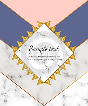 Trendy geometric design with marble, pink, blue, grey triangles. Modern golden glitter frame. Background for banner, cover