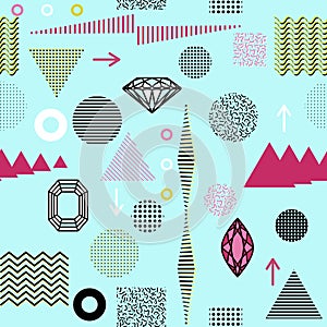 Trendy geometric elements memphis cards, seamless pattern. Retro style texture. Modern abstract design poster, cover