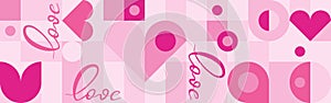 Trendy geometric shapes with circles, squares and hearts in retro style for a Valentine\'s Day or wedding day cover.