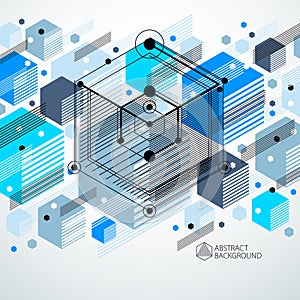 Trendy geometric vector pattern, textured abstract cube mesh blue background. Technical plan, abstract engineering draft for use
