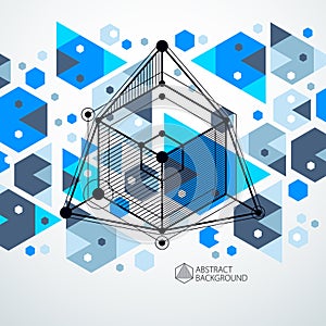 Trendy geometric vector pattern, textured abstract cube mesh blue background. Technical plan, abstract engineering draft for use