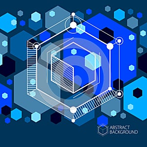 Trendy geometric vector pattern, textured abstract cube mesh blue black background. Technical plan, abstract engineering draft for