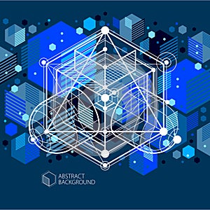 Trendy geometric vector pattern, textured abstract cube mesh blue black background. Technical plan, abstract engineering draft for