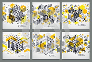 Trendy geometric vector patterns set, textured abstract cube mesh yellow background. Technical plan, abstract engineering draft