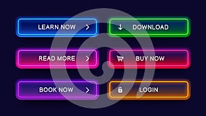 Trendy, glow, neon buttons for web design