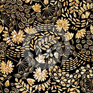 Trendy gold texture.Vector gold seamless pattern, floral texture with flowers and plants.