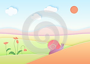 Trendy gradient color cuted paper summer landscape background with cute snail vector illustration.