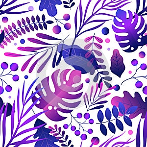 Trendy gradient colorful neon purple leaves on white. Tropical creative curve branches and foliage decorative design