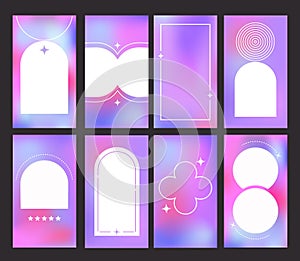 Trendy gradient stories template set. Vertical banners with minimalist aestetic frames on blue and violet color mix.