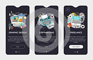 Trendy Graphic Design, Copywriting, Freelance UI Mobile App Splash Onbard Screens