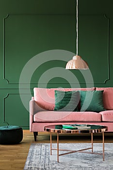 Trendy green living room with pink sofa