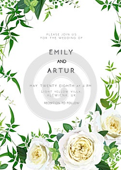 Trendy, greenery wedding floral vector invite, holiday invitation card. Light yellow garden roses flowers, tender smilax greenery
