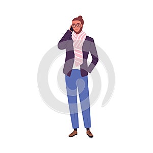 Trendy guy in scarf and suit talking use smartphone vector flat illustration. Fashionable businessman in glasses