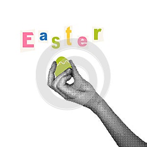 Trendy halftone collage. Hand with egg painted for Easter holiday. Easter greeting. Social media communication