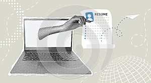 Trendy halftone collage. Online resume submission. Hand reaches out of laptop to send resume. Employment concept photo