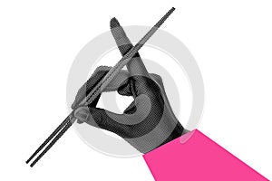 Trendy hand holding chopsticks, abstract cutout hand halftone collage element for design montage
