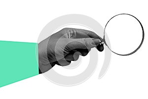 Trendy hand holding a magnifying glass, cutout hand halftone design element