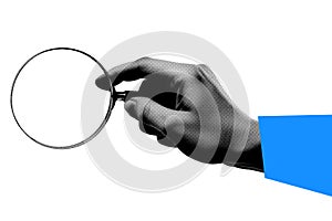 Trendy hand holding a magnifying glass, cutout hand halftone design element