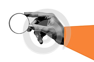 Trendy hand holding a magnifying glass, cutout hand halftone design element