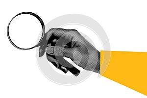 Trendy hand holding a magnifying glass, cutout hand halftone design element