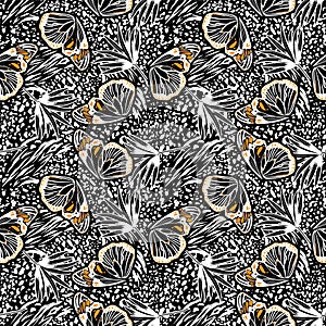 Trendy hand sketch butterflies flying blending with animal leopard skin ,tropicla leaves seamless pattern ,vector EPS 10 design