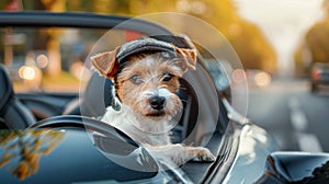 Trendy hat wearing Small dog breed Jack Russell Terrier looks out the open window of the car. Closeup