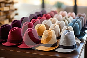 Trendy hats displayed in a chic boutique phot - stock photography concepts